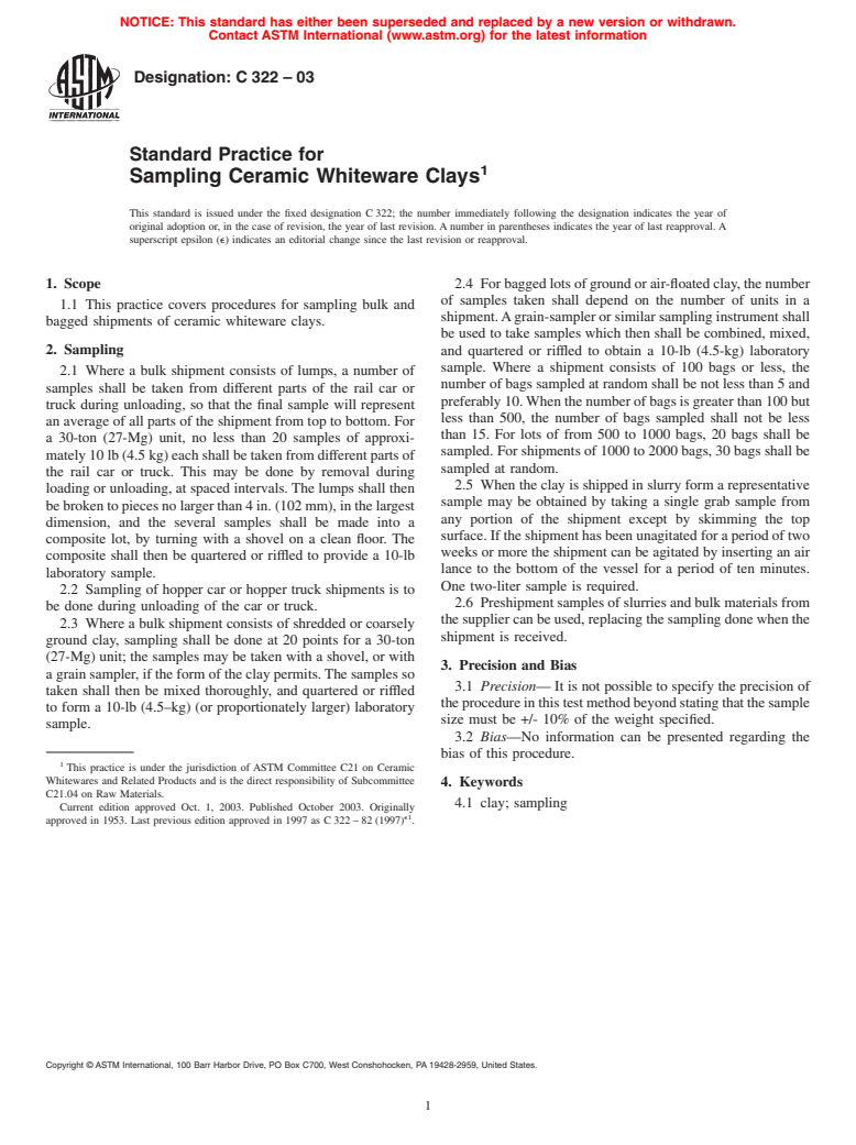 ASTM C322-03 - Standard Practice for Sampling Ceramic Whiteware Clays