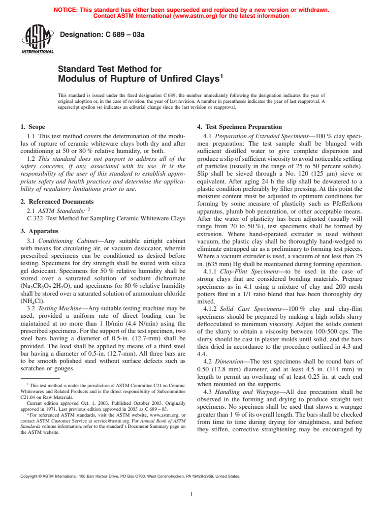 ASTM C689-03a - Standard Test Method for Modulus of Rupture of Unfired Clays