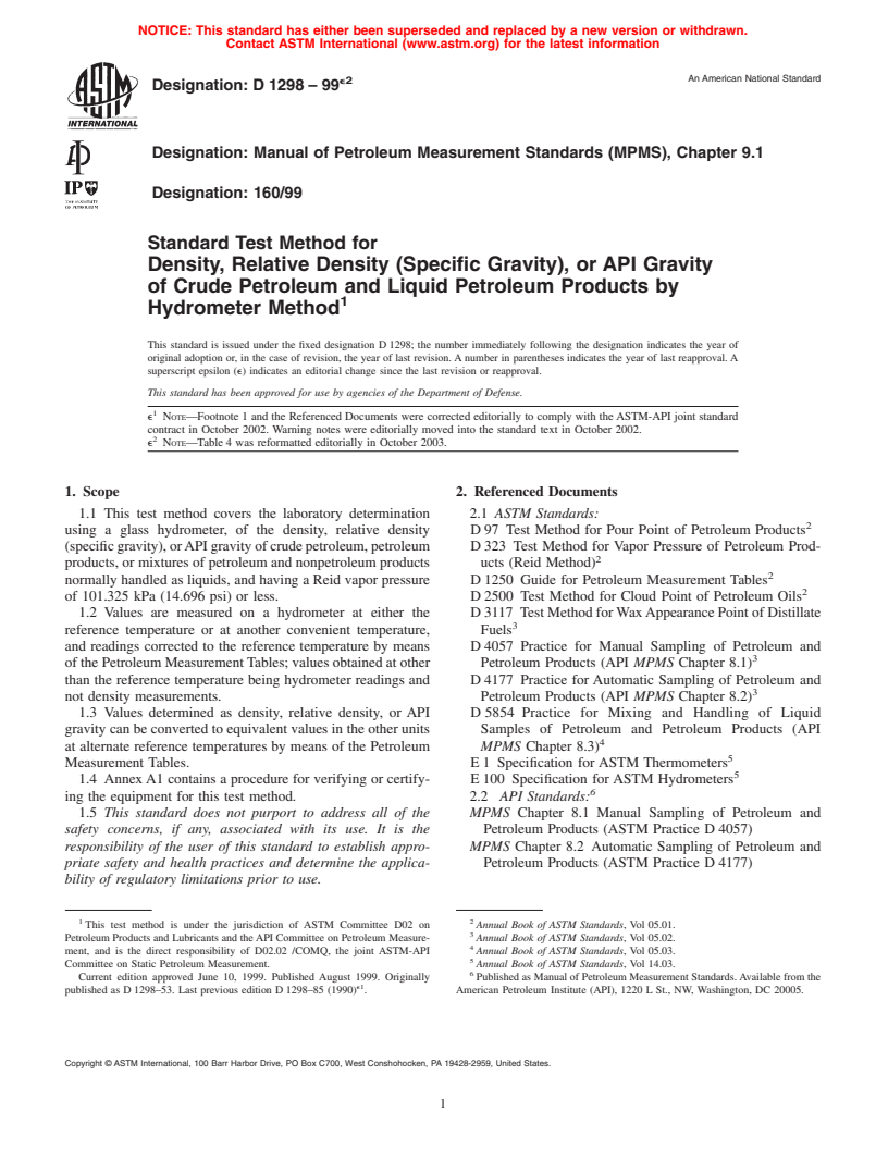 ASTM D1298-99e2 - Standard Test Method for Density, Relative Density (Specific Gravity), or API Gravity of Crude Petroleum and Liquid Petroleum Products by Hydrometer Method