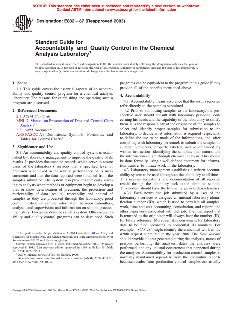 ASTM E882-87(2003) - Standard Guide for Accountability  and  Quality Control in the Chemical Analysis Laboratory