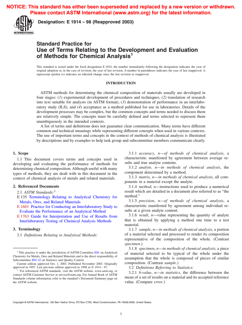 ASTM E1914-98(2003) - Standard Practice for Use of Terms Relating to the Development and Evaluation of Methods for Chemical Analysis