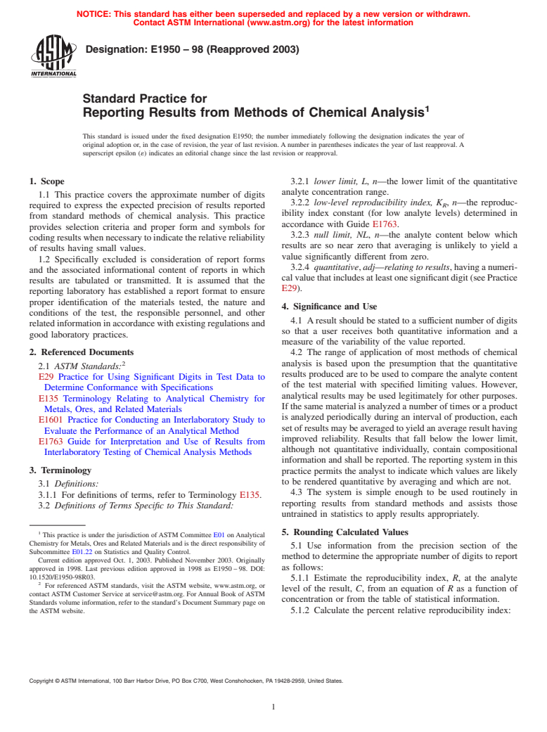 ASTM E1950-98(2003) - Standard Practice for Reporting Results from Methods of Chemical Analysis