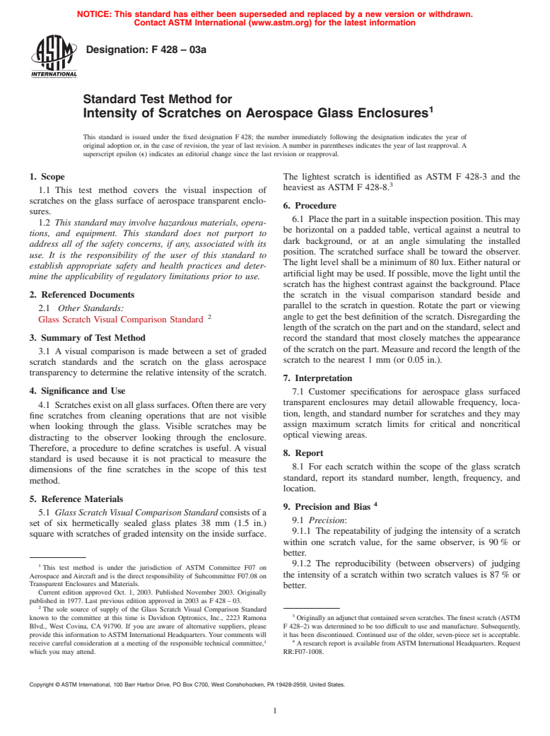 ASTM F428-03a - Standard Test Method for Intensity of Scratches on Aerospace Glass Enclosures