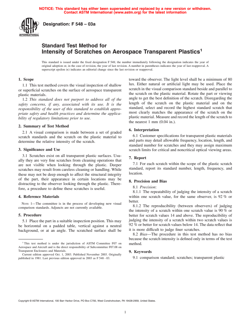 ASTM F548-03a - Standard Test Method for Intensity of Scratches on Aerospace Transparent Plastics