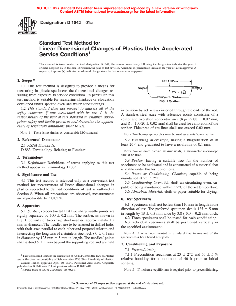 ASTM D1042-01a - Standard Test Method for Linear Dimensional Changes of Plastics Under Accelerated Service Conditions