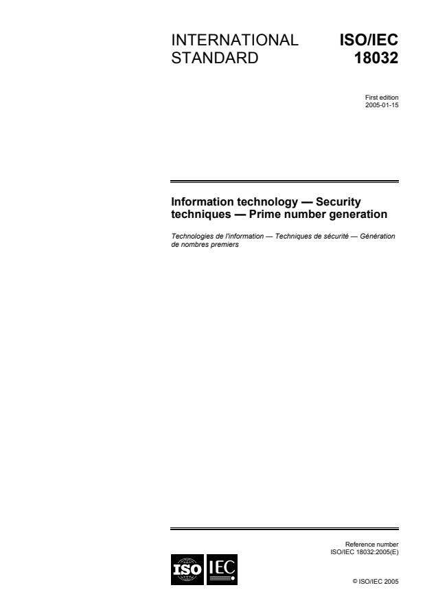ISO/IEC 18032:2005 - Information technology -- Security techniques -- Prime number generation