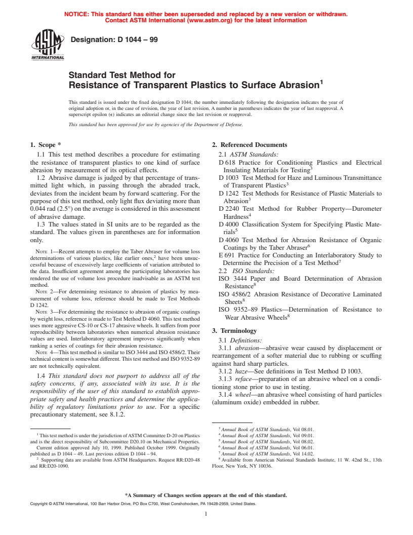 ASTM D1044-99 - Standard Test Method for Resistance of Transparent Plastics to Surface Abrasion