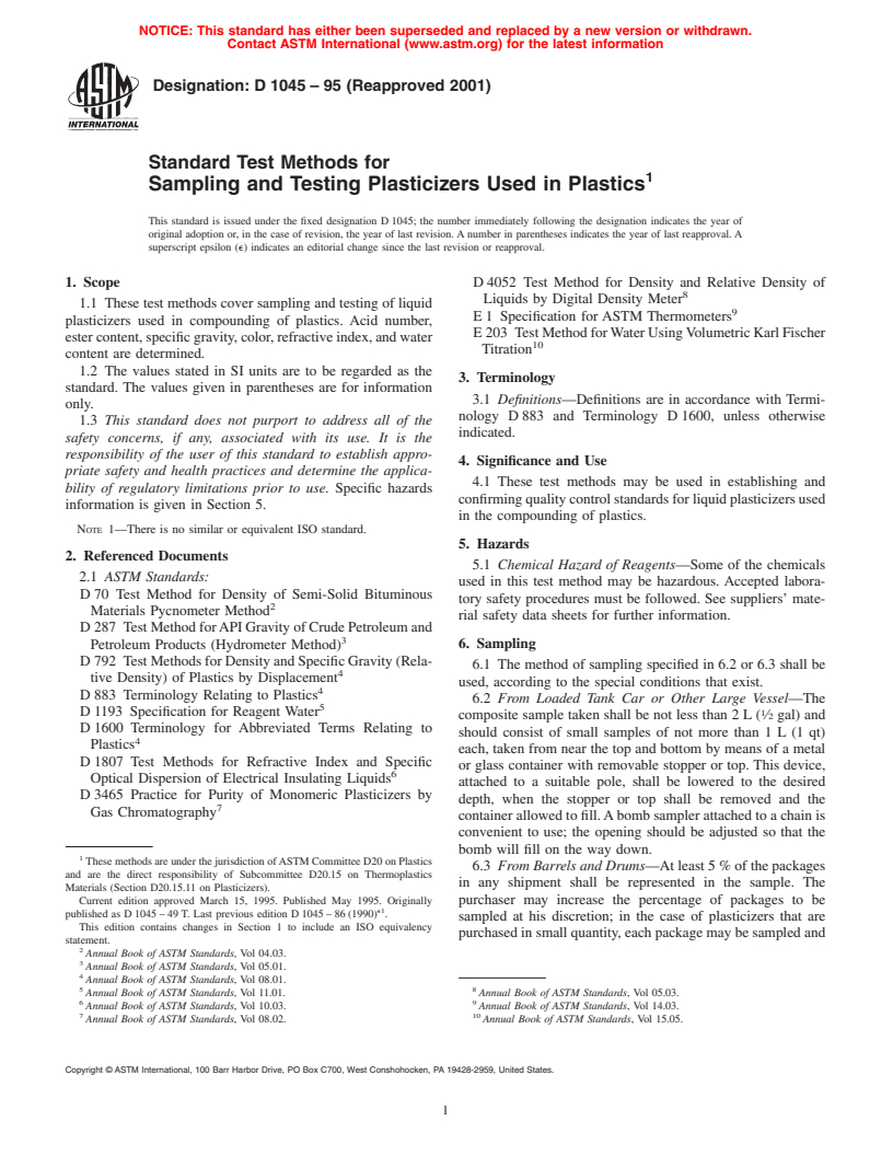 ASTM D1045-95(2001) - Standard Test Methods for Sampling and Testing Plasticizers Used in Plastics