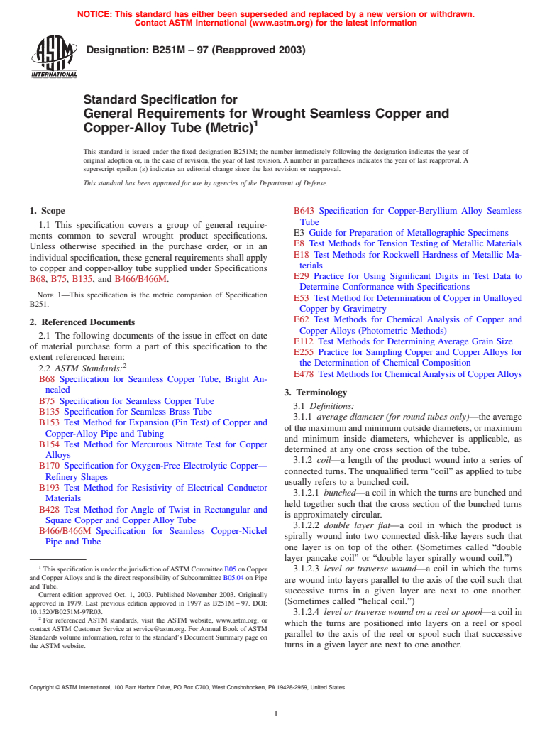 ASTM B251M-97(2003) - Standard Specification for General Requirements for Wrought Seamless Copper and Copper-Alloy Tube [Metric]