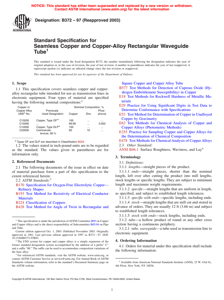 ASTM B372-97(2003) - Standard Specification for Seamless Copper and Copper-Alloy Rectangular Waveguide Tube