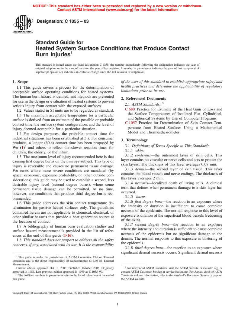 ASTM C1055-03 - Standard Guide for Heated System Surface Conditions That Produce Contact Burn Injuries