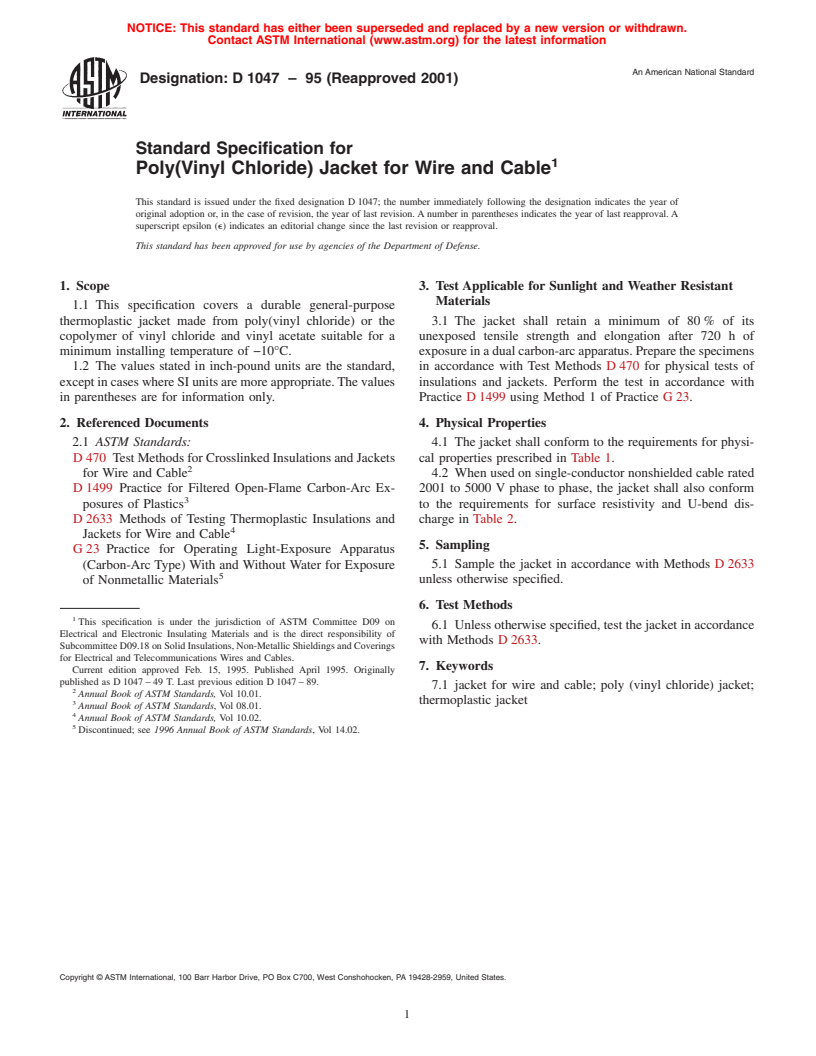 ASTM D1047-95(2001) - Standard Specification for Poly(Vinyl Chloride) Jacket for Wire and Cable