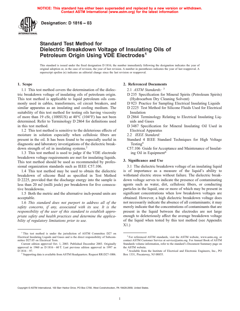 ASTM D1816-03 - Standard Test Method for Dielectric Breakdown Voltage of Insulating Oils of Petroleum Origin Using VDE Electrodes