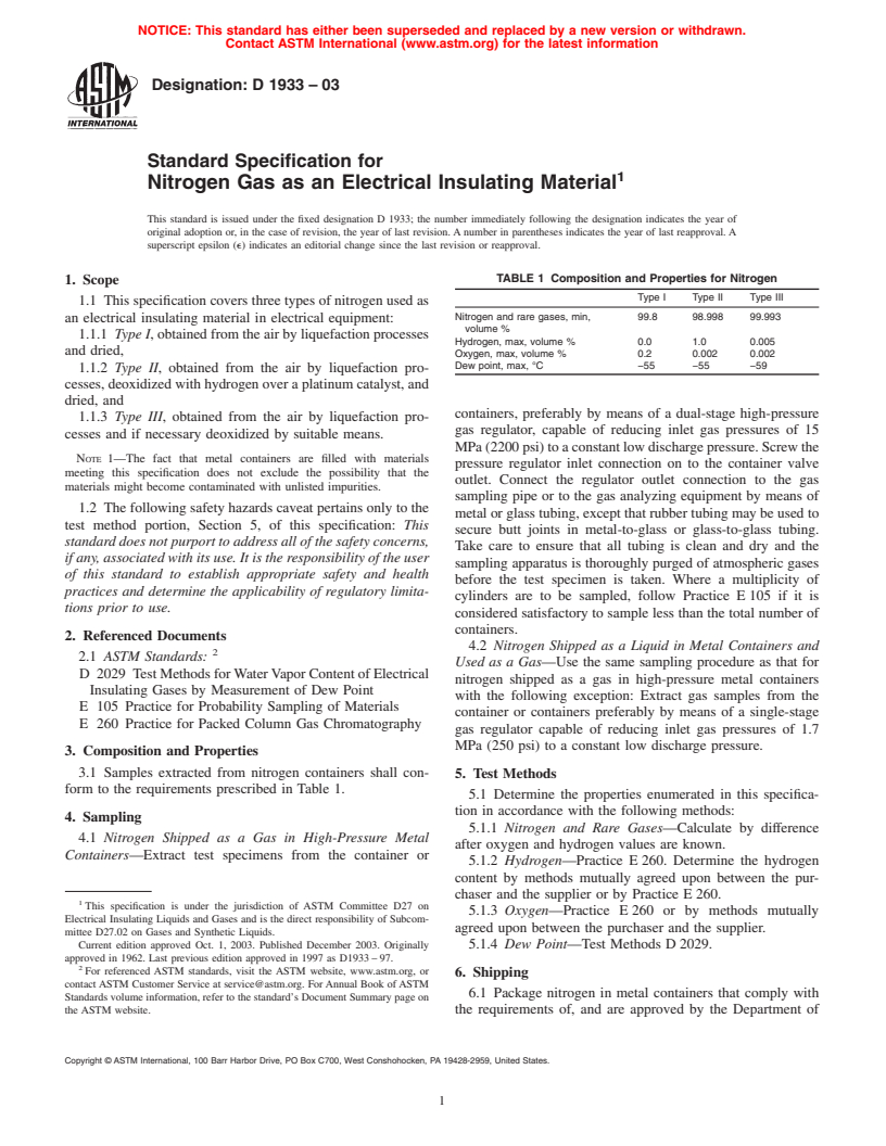 ASTM D1933-03 - Standard Specification for Nitrogen Gas as an Electrical Insulating Material