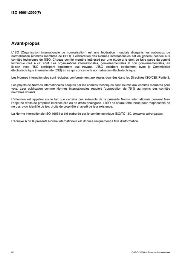 ISO 16061:2000 ISO 16061:2000 - Instrumentation a utiliser en association avec les implants chirurgicaux non actifs -- Exigences générales - Page 4 preview
