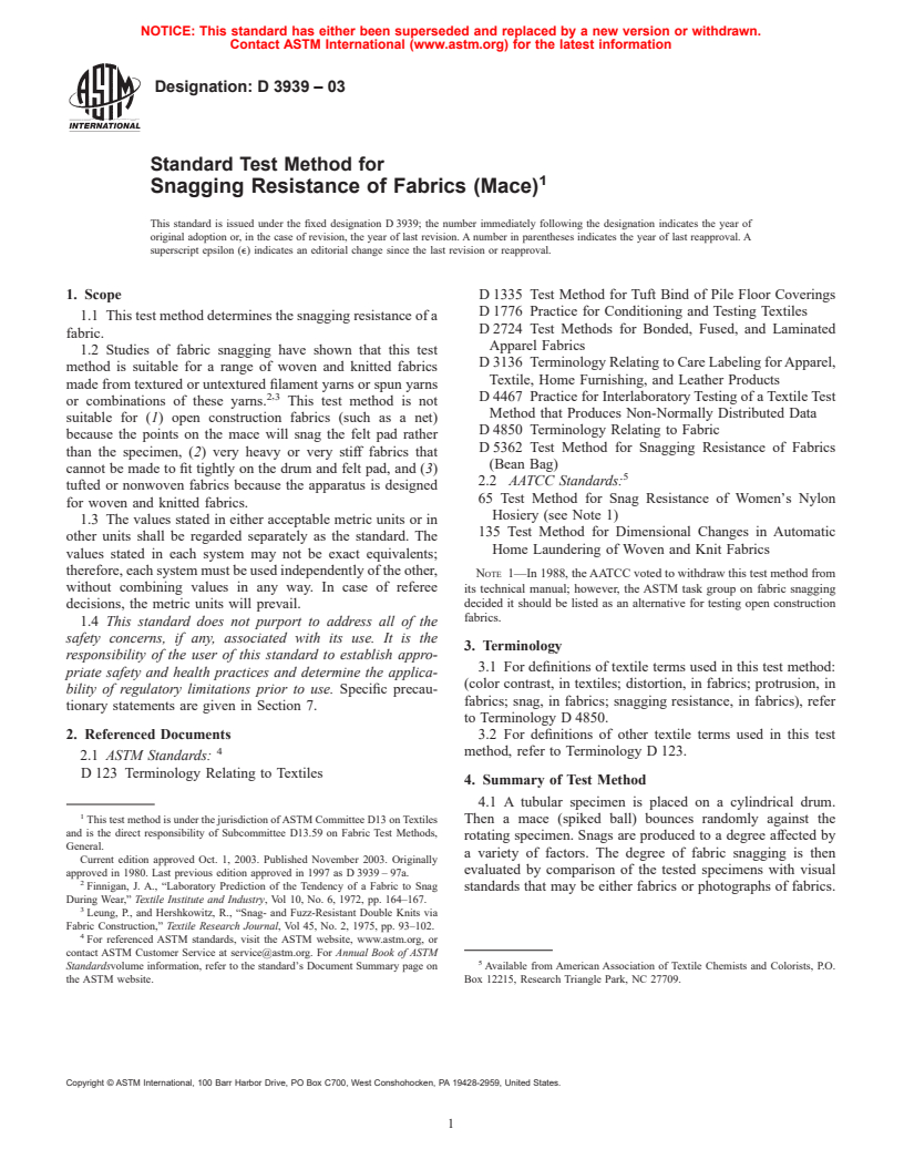 ASTM D3939-03 - Standard Test Method for Snagging Resistance of Fabrics (Mace)