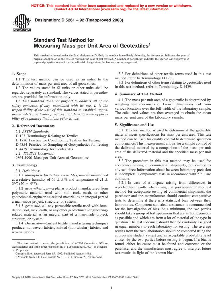 ASTM D5261-92(2003) - Standard Test Method for Measuring Mass per Unit Area of Geotextiles