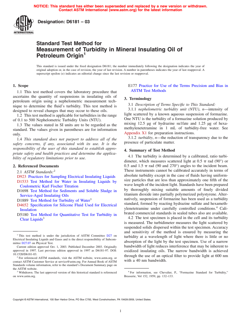 ASTM D6181-03 - Standard Test Method for Measurement of Turbidity in Mineral Insulating Oil of Petroleum Origin (Withdrawn 2012)