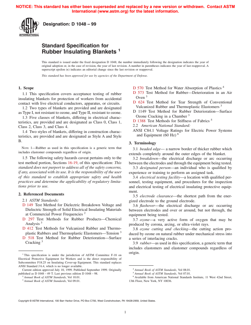 ASTM D1048-99 - Standard Specification for Rubber Insulating Blankets