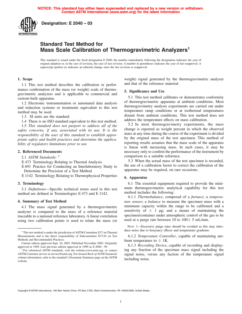 ASTM E2040-03 - Standard Test Method for Mass Scale Calibration of Thermogravimetric Analyzers