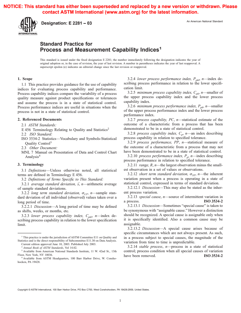 ASTM E2281-03 - Standard Practice for Process and Measurement Capability Indices