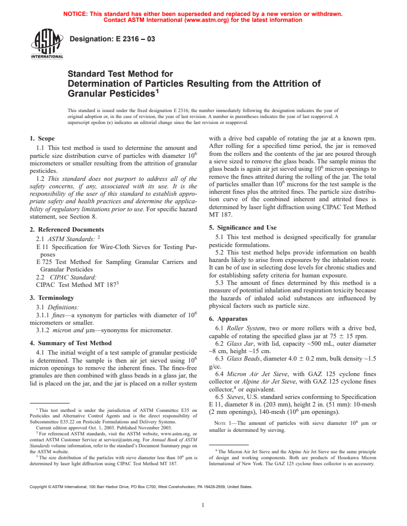 ASTM E2316-03 - Standard Test Method for Determination of Particles Resulting from the Attrition of Granular Pesticides