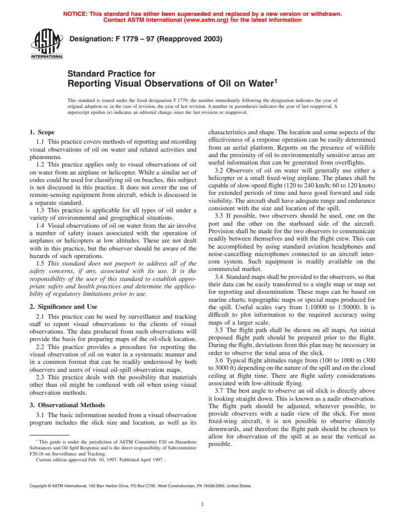 ASTM F1779-97(2003) - Standard Practice for Reporting Visual Observations of Oil on Water