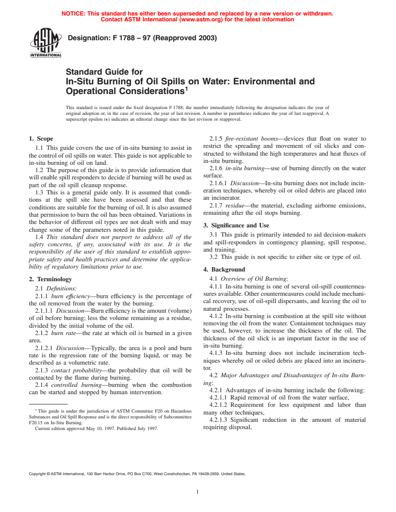 ASTM F1788-97(2003) - Standard Guide for In-Situ Burning of Oil Spills on Water: Environmental and Operational Considerations