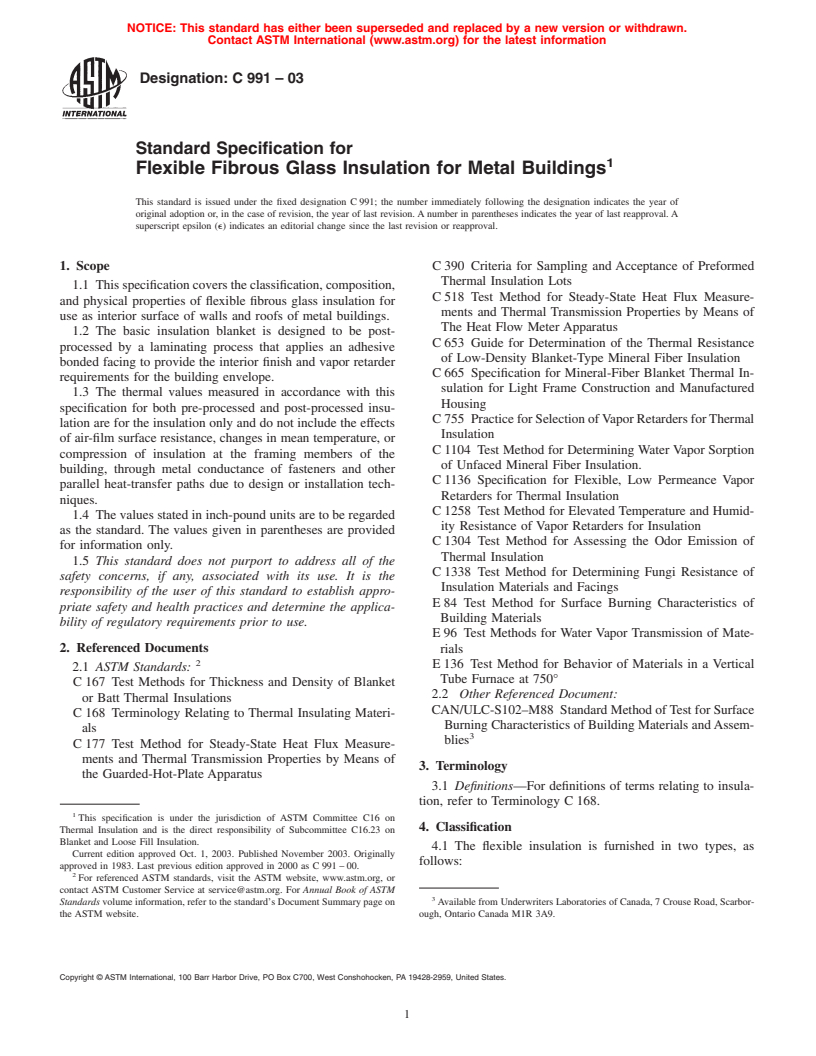 ASTM C991-03 - Standard Specification for Flexible Glass Fiber Insulation for Metal Buildings