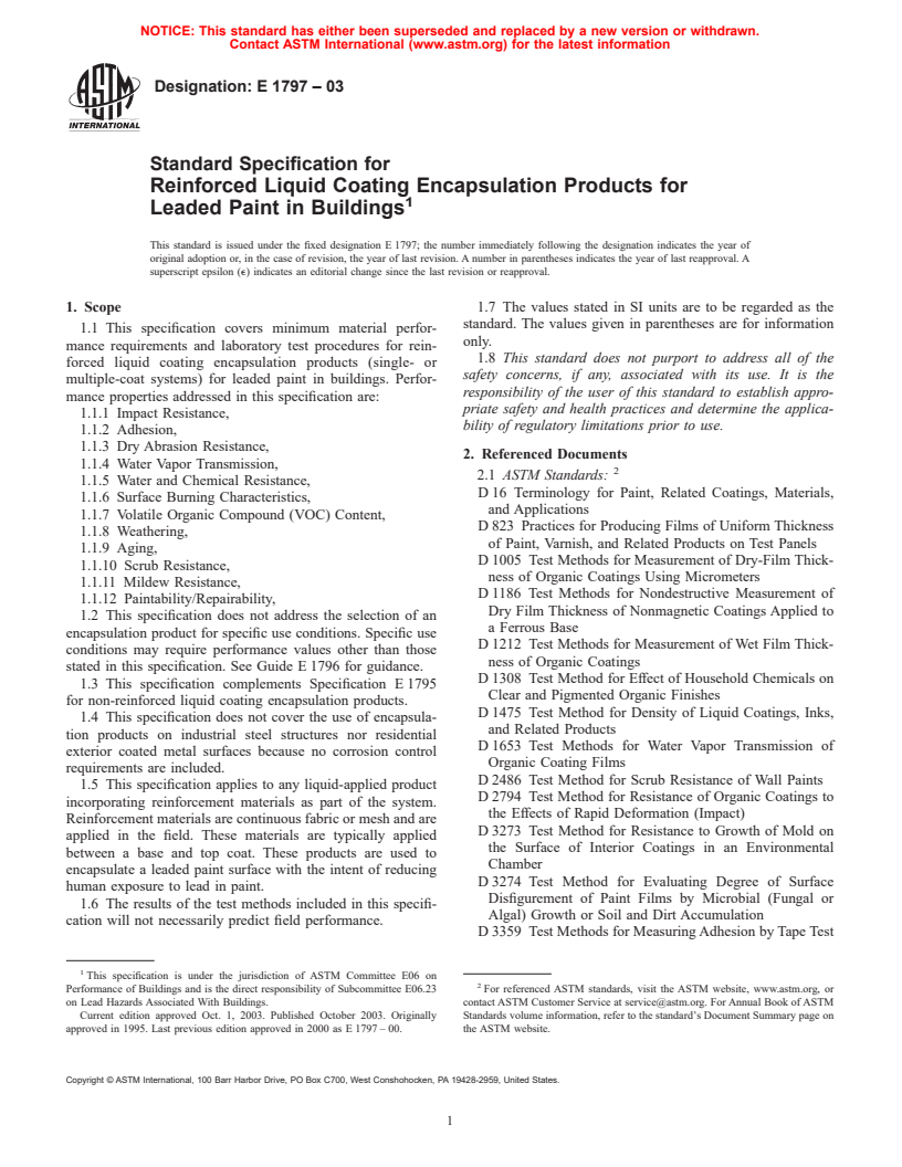 ASTM E1797-03 - Standard Specification for Reinforced Liquid Coating Encapsulation Products for Leaded Paint in Buildings