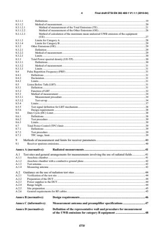 SIST EN 302 498-1 V1.1.1:2010 ETSI EN 302 498-1 V1.1.1 (2010-04) - Electromagnetic compatibility and Radio spectrum Matters (ERM); Short Range Devices (SRD); Technical characteristics for SRD equipment using Ultra WideBand technology (UWB); Object Discrimination and Characterization Applications for power tool devices operating in the frequency band from 2,2 GHz to 8,5 GHz; Part 1: Technical characteristics and test methods - Page 4 preview