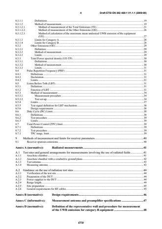 SIST EN 302 498-1 V1.1.1:2010 ETSI EN 302 498-1 V1.1.1 (2009-08) - Electromagnetic compatibility and Radio spectrum Matters (ERM); Short Range Devices (SRD); Technical characteristics for SRD equipment using Ultra WideBand technology (UWB); Object Discrimination and Characterization Applications for power tool devices operating in the frequency band from 2,2 GHz to 8,5 GHz; Part 1: Technical characteristics and test methods - Page 4 preview