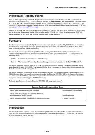 SIST EN 302 498-2 V1.1.1:2010 ETSI EN 302 498-2 V1.1.1 (2010-04) - Electromagnetic compatibility and Radio spectrum Matters (ERM); Short Range Devices (SRD); Technical characteristics for SRD equipment using Ultra WideBand technology (UWB); Object Discrimination and Characterization Applications for power tool devices operating in the frequency band from 2,2 GHz to 8,5 GHz; Part 2: Harmonized EN covering the essential requirements of article 3.2 of the R&TTE Directive - Page 4 preview