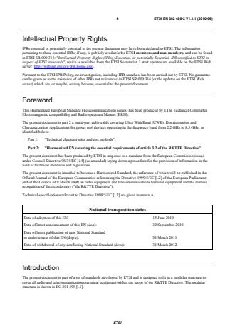 SIST EN 302 498-2 V1.1.1:2010 ETSI EN 302 498-2 V1.1.1 (2010-06) - Electromagnetic compatibility and Radio spectrum Matters (ERM); Short Range Devices (SRD); Technical characteristics for SRD equipment using Ultra WideBand technology (UWB); Object Discrimination and Characterization Applications for power tool devices operating in the frequency band from 2,2 GHz to 8,5 GHz; Part 2: Harmonized EN covering the essential requirements of article 3.2 of the R&TTE Directive - Page 4 preview