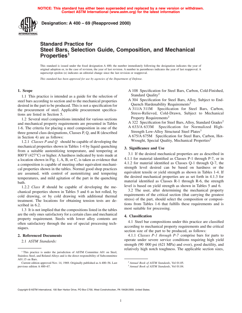 ASTM A400-69(2000) - Standard Practice for Steel Bars, Selection Guide, Composition, and Mechanical Properties