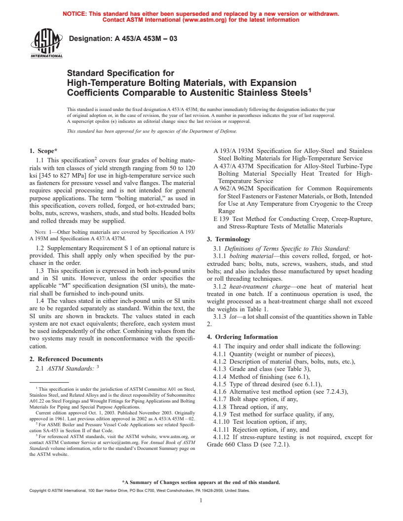 ASTM A453/A453M-03 - Standard Specification for High-Temperature Bolting Materials, with Expansion Coefficients Comparable to Austenitic Stainless Steels