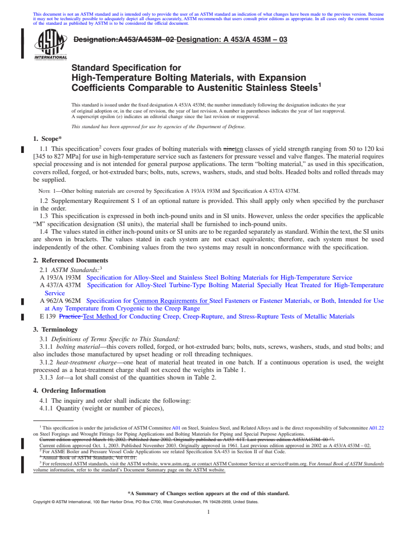 REDLINE ASTM A453/A453M-03 - Standard Specification for High-Temperature Bolting Materials, with Expansion Coefficients Comparable to Austenitic Stainless Steels