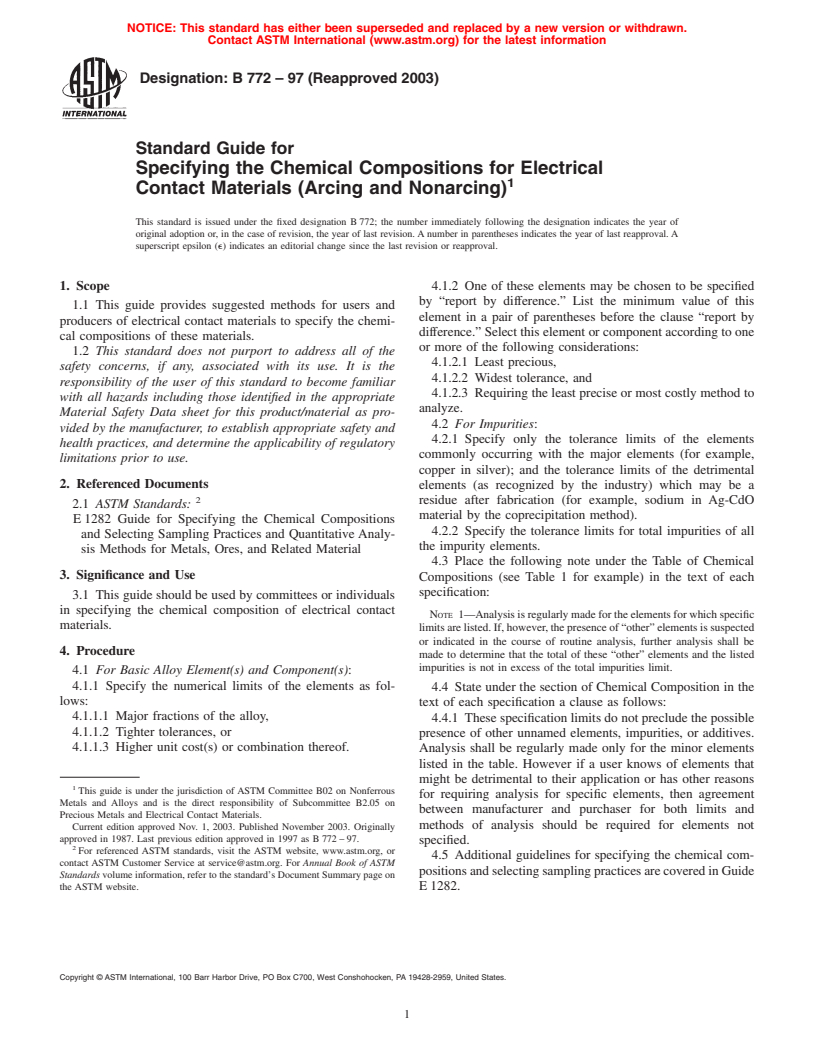 ASTM B772-97(2003) - Standard Guide for Specifying the Chemical Compositions for Electrical Contact Materials (Arcing and Nonarcing)