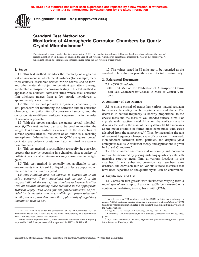 ASTM B808-97(2003) - Standard Test Method for Monitoring of Atmospheric Corrosion Chambers by Quartz Crystal Microbalances