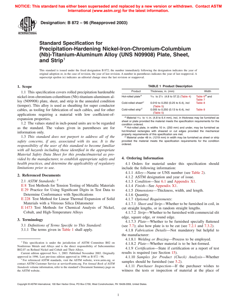 ASTM B872-96(2003) - Standard Specification for Precipitation-Hardening Nickel-Iron-Chromium- Columbium (Nb)-Titanium-Aluminum Alloy (UNS N09908) Plate, Sheet, and Strip