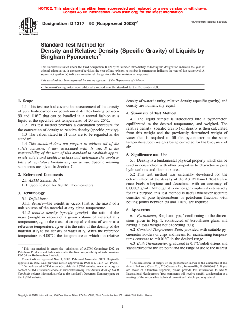 ASTM D1217-93(2003)e1 - Standard Test Method for Density and Relative Density (Specific Gravity) of Liquids by Bingham Pycnometer