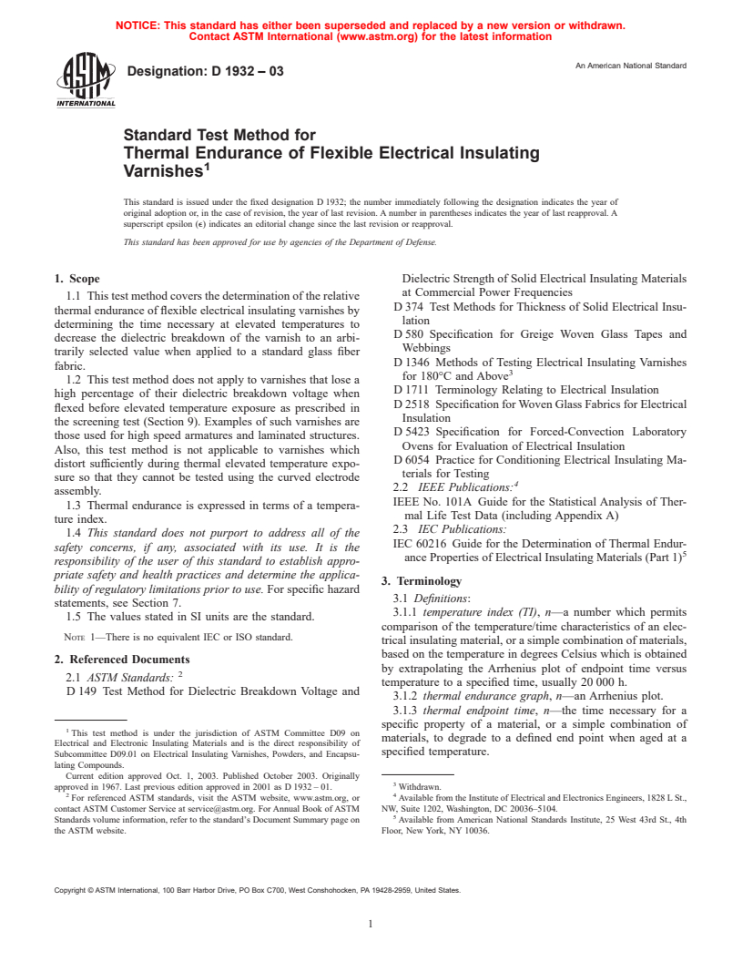 ASTM D1932-03 - Standard Test Method for Thermal Endurance of Flexible Electrical Insulating Varnishes