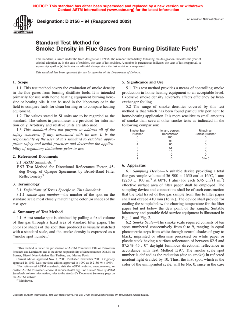 ASTM D2156-94(2003) - Standard Test Method for Smoke Density in Flue Gases from Burning Distillate Fuels