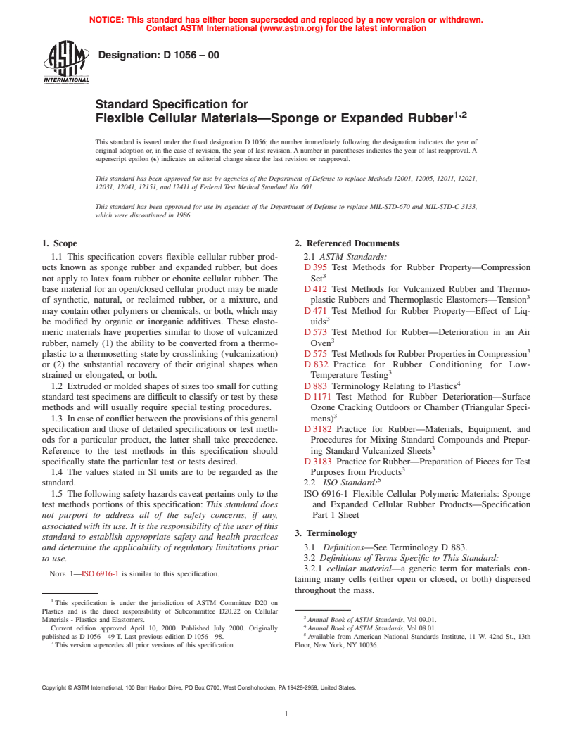 ASTM D1056-00 - Standard Specification for Flexible Cellular Materials-Sponge or Expanded Rubber