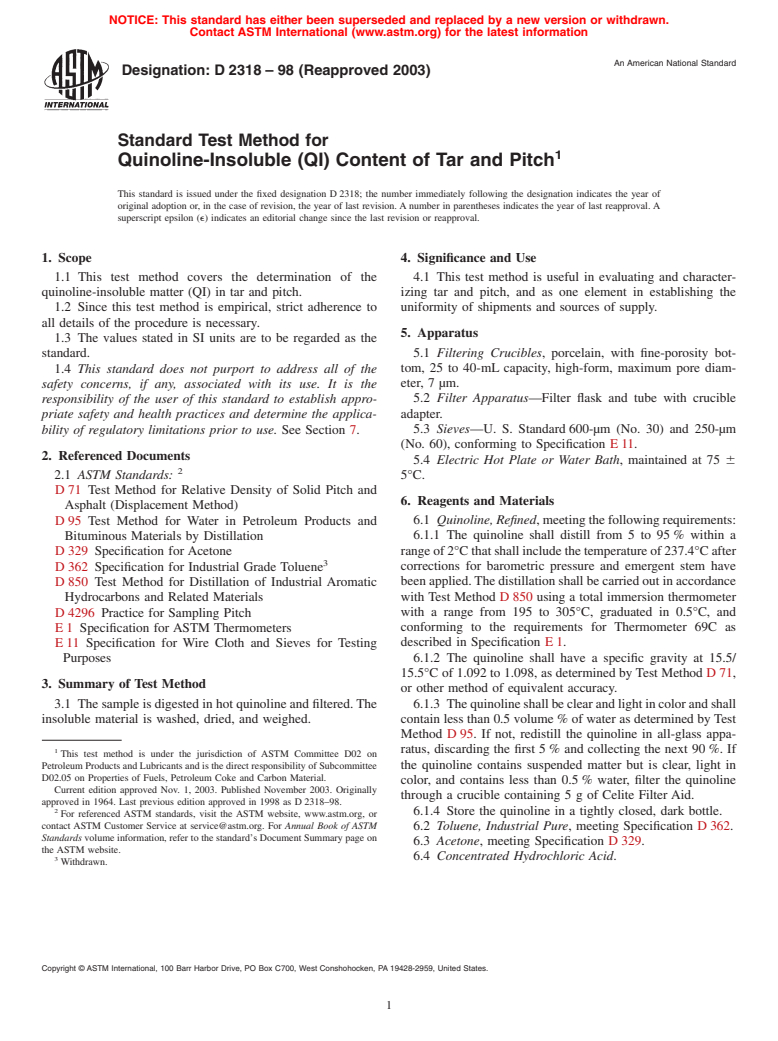 ASTM D2318-98(2003) - Standard Test Method for Quinoline-Insoluble (QI) Content of Tar and Pitch