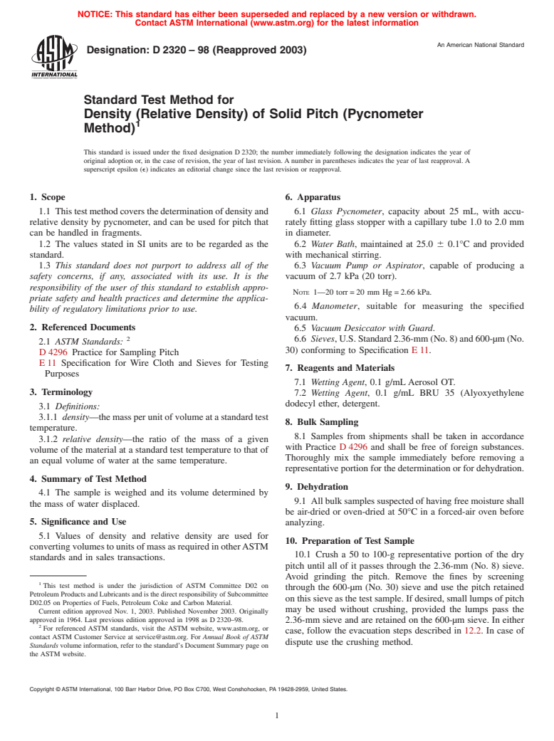 ASTM D2320-98(2003) - Standard Test Method for Density (Relative Density) of Solid Pitch (Pycnometer Method)