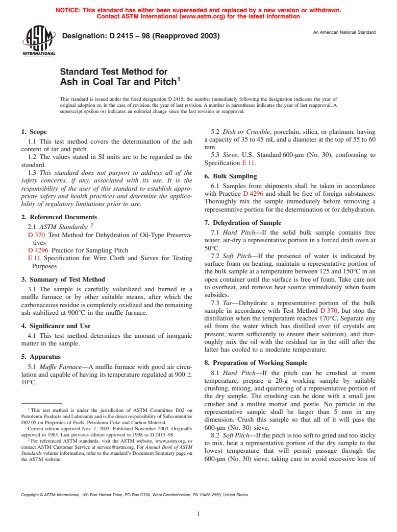 ASTM D2415-98(2003) - Standard Test Method for Ash in Coal Tar and Pitch