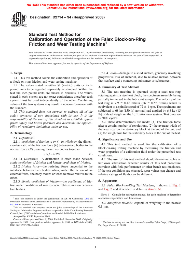 ASTM D2714-94(2003) - Standard Test Method for Calibration and Operation of the Falex Block-on-Ring Friction and Wear Testing Machine