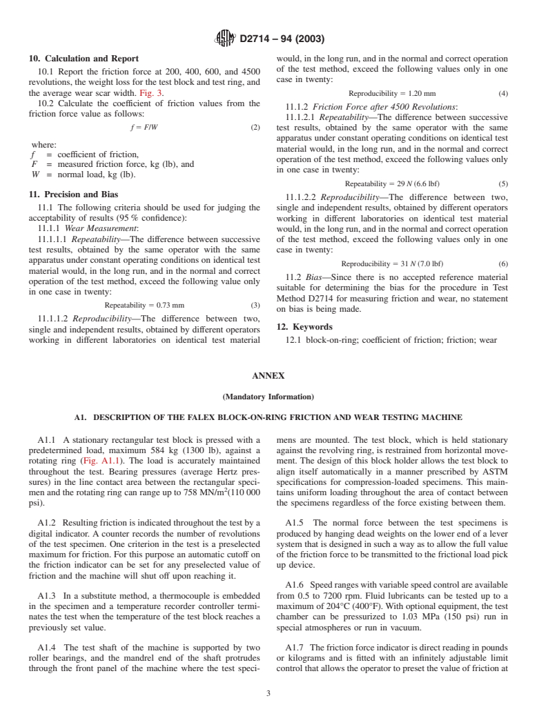 ASTM D2714-94(2003) - Standard Test Method for Calibration and Operation of the Falex Block-on-Ring Friction and Wear Testing Machine