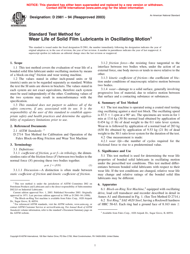 ASTM D2981-94(2003) - Standard Test Method for Wear Life of Solid Film Lubricants in Oscillating Motion